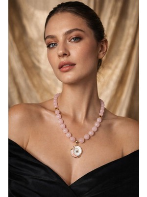 Solare Accessories Pembe Kuvars Doğal Taşlı Shiva Kabuğu Uçlu Tasarım Kolye | El Yapımı Doğal Taş Kolye