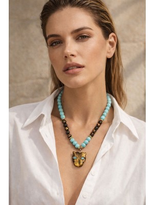 Solare Accessories Turkuaz ve Kaplangözü Doğal Taşlı Kaplan Figürlü Tasarım Kolye
