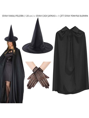 Go İthalat Sepetopia -120 cm Siyah Yakalı Cadı Pelerini Cadı Şapkası ve 1 Çift Siyah Kısa File Tüm Eldiven Seti 3 Parça (5534)