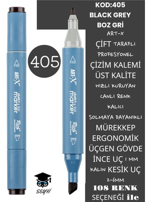 Art-x Çift Taraflı Profesyonel Çizim Kalemi Kalıcı Mürekkep Üçgen Gövde Ince Uç 1 mm Kesik Uç 2-6mm Sketch