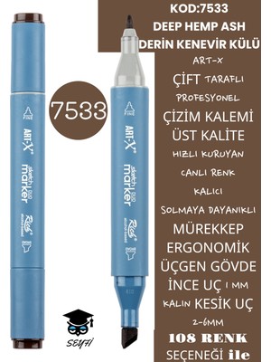 Art-x Çift Taraflı Profesyonel Çizim Kalemi Kalıcı Mürekkep Üçgen Gövde Ince Uç 1 mm Kesik Uç 2-6mm Sketch