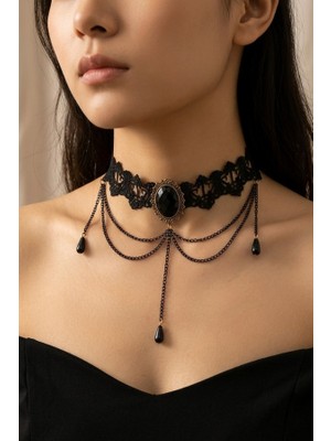 Gotik Siyah Dantel Choker Kolye - Oval Siyah Taşlı ve Sallantılı Damla Zincir Detaylı Boyunluk