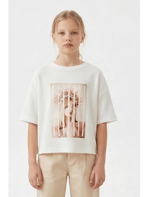 Escabel Kız Çocuk Dijital Baskılı Kaşkorse Kumaş Beyaz Bluz