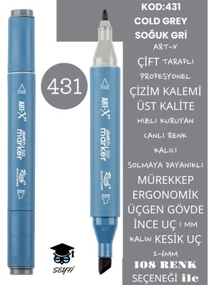 Art-x Çift Taraflı Profesyonel Çizim Kalemi Kalıcı Mürekkep Üçgen Gövde Ince Uç 1 mm Kesik Uç 2-6mm Sketch