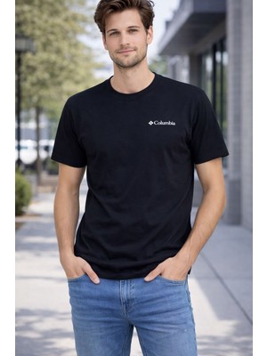 Aura Boutique Moda Erkek Siyah Logo Baskılı Bisiklet Yaka Kısa Kollu Basic Tişört