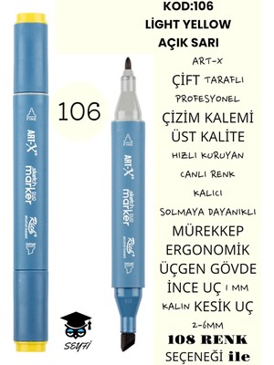 Art-x Çift Taraflı Profesyonel Çizim Kalemi Kalıcı Mürekkep Üçgen Gövde Ince Uç 1 mm Kesik Uç 2-6mm Sketch