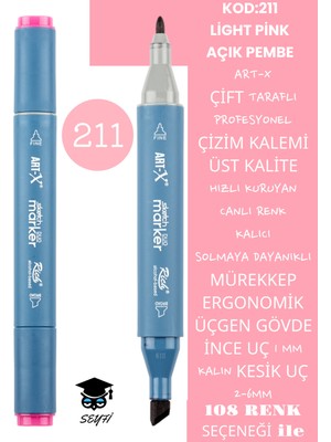 Art-x Çift Taraflı Profesyonel Çizim Kalemi Kalıcı Mürekkep Üçgen Gövde Ince Uç 1 mm Kesik Uç 2-6mm Sketch