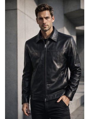 Viamod Leather Erkek Hakiki Deri Ceket Siyah Hakim Yaka Premium Slim Fit Gerçek Deri Mont Üretici Garantili