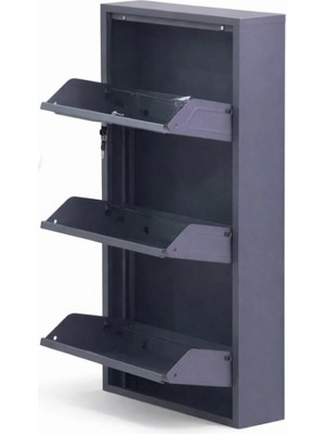 Tomkar 3'lü Antrasit Metal Ayakkabılık Ahşap Ceviz Kaplamalı ( Kilitlisiz )