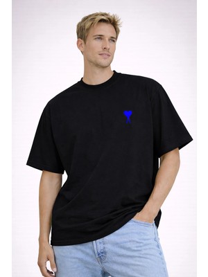 Camblys Unisex Ami Paris Klasik Küçük Kalp Ön Baskılı Oversize Kalın Kumaş Bol Kesim Pamuklu T-Shirt