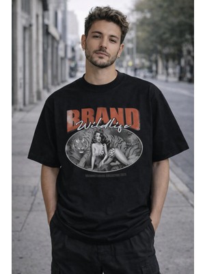 Camblys Unisex Brand Wild Life Girl Baskılı Oversize Kalın Kumaş Bol Kesim Pamuklu T-Shirt