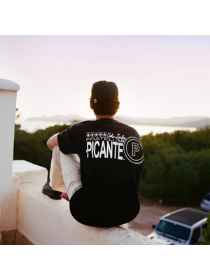 Camblys Unisex Picante Mavi Ön Logo Sırt Frattelı Baskılı Oversize Kalın Kumaş Bol Kesim Pamuklu T-Shirt