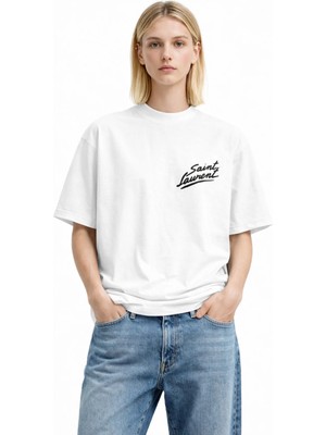 Camblys Unisex Saint Lauren Graffiti Yazılı Logolu Ön Baskılı Oversize Kalın Kumaş Bol Kesim Pamuklu T-Shirt