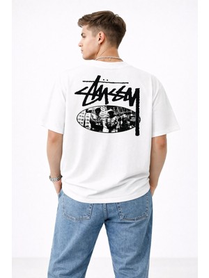 Camblys Unisex Stussy Ikili Adam Sırt Baskılı Oversize Kalın Kumaş Bol Kalıp Unisex T-Shirt