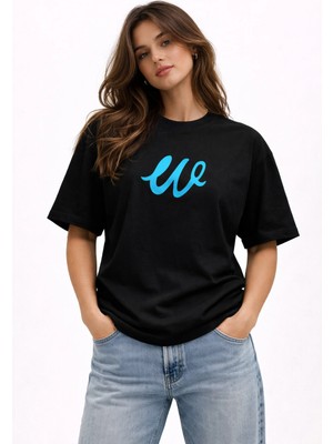 Camblys Unisex W Logo Özel El Yazılı Ön Baskılı Oversize Kalın Kumaş Bol Kesim Pamuklu T-Shirt