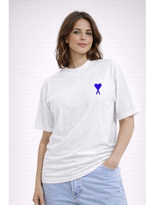 Camblys Unisex Kalp Desenli Ami Klasik Küçük Kalp Ön Baskılı Oversize Kalın Kumaş Bol Kesim Pamuklu T-Shirt