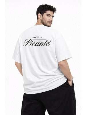 Camblys Unisex Picante Ön Logo Yazılı ve Sırt El Yazı Baskılı Oversize Kalın Kumaş Bol Kesim Pamuklu T-Shirt