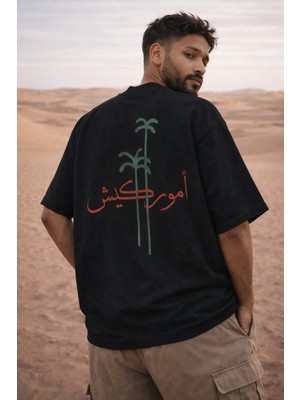 Camblys Unisex Palmiye Arabic Yazılı Sırt Baskılı Oversize Kalın Kumaş Bol Kesim Pamuklu T-Shirt