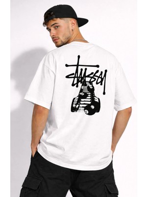 Camblys Stussy Bilardo Top Sırt Baskılı Oversize Kalın Kumaş Bol Kalıp Unisex T-Shirt