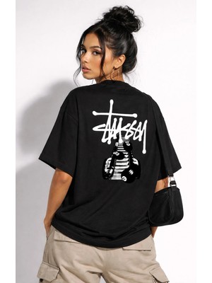 Camblys Stussy Bilardo Top Sırt Baskılı Oversize Kalın Kumaş Bol Kalıp Unisex T-Shirt