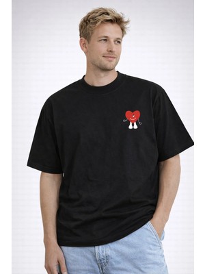 Camblys Unisex Kalp Desenli Amiri Figür Kollu Kalp Ön Baskılı Oversize Kalın Kumaş Bol Kesim Pamuklu T-Shirt
