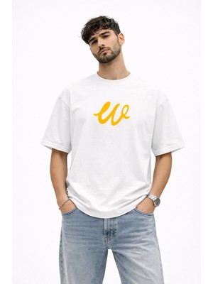 Camblys Unisex W Logo Özel El Yazılı Ön Baskılı Oversize Kalın Kumaş Bol Kesim Pamuklu T-Shirt