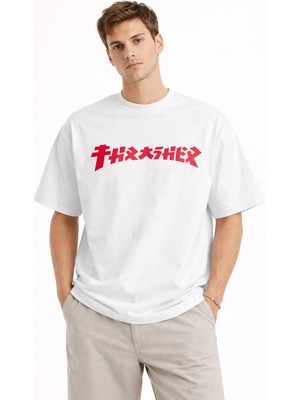 Camblys Trasher Kırmızı Yazı Ön Baskılı Oversize Kalın Kumaş Bol Kalıp T-Shirt