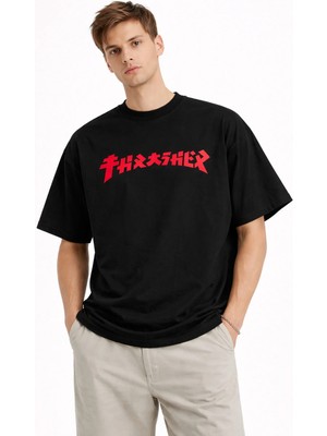 Camblys Trasher Kırmızı Yazı Ön Baskılı Oversize Kalın Kumaş Bol Kalıp T-Shirt
