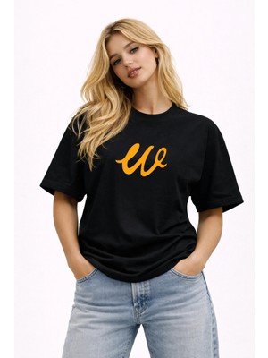 Camblys Unisex W Logo Özel El Yazılı Ön Baskılı Oversize Kalın Kumaş Bol Kesim Pamuklu T-Shirt