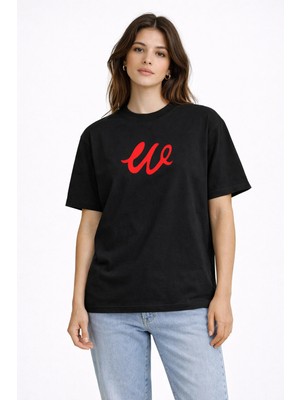 Camblys Unisex W Logo Özel El Yazılı Ön Baskılı Oversize Kalın Kumaş Bol Kesim Pamuklu T-Shirt