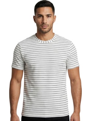 Çizgili O Yaka Trender Erkek T-Shirt Ottoban Beyaz