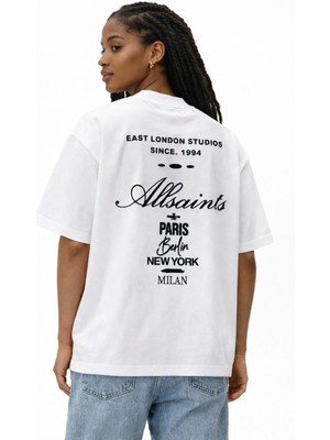 Camblys Unisex Özel Tasarım Allsaint El Yazılı Sırt Baskılı Oversize Kalın Kumaş Bol Kesim Pamuklu T-Shirt