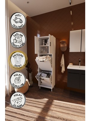 Belmo Atlas Iki Sepetli Renkli Beyaz Çamaşır Sepetli Çok Amaçlı Banyo Dolabı