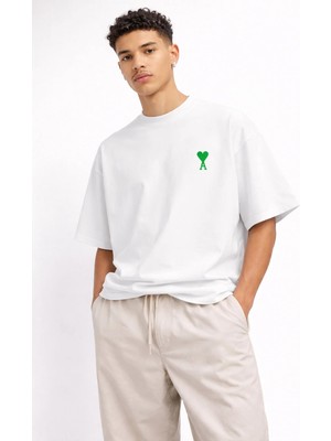 Camblys Unisex Ami Paris Klasik Küçük Kalp Ön Baskılı Oversize Kalın Kumaş Bol Kesim Pamuklu T-Shirt