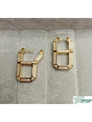 Vip Seri Gold Renk Zirkon Taşlı Dikdörtgen Küpe