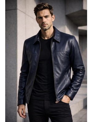 Viamod Leather Erkek Hakiki Deri Ceket Lacivert Premium Slim Fit Klasik Model Gerçek Deri Mont Üretici Garantili