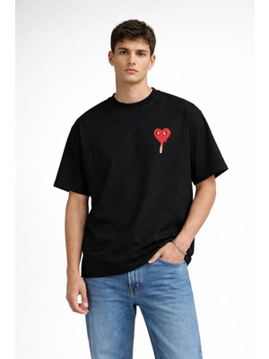 Camblys Unisex Comme Des Garçons Ami Kalp Desenli Ön Baskılı Oversize Kalın Kumaş Bol Kesim Pamuklu T-Shirt