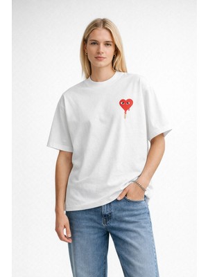 Camblys Unisex Comme Des Garçons Ami Kalp Desenli Ön Baskılı Oversize Kalın Kumaş Bol Kesim Pamuklu T-Shirt