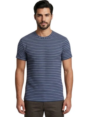 Çizgili O Yaka Trender Erkek T-Shirt Ottoban Mavi