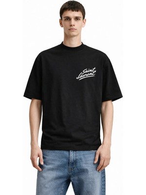 Camblys Unisex Saint Lauren Graffiti Yazılı Logolu Ön Baskılı Oversize Kalın Kumaş Bol Kesim Pamuklu T-Shirt