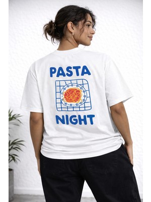 Camblys Unisex Pasta Night Makarna Gecesi Sırt Baskılı Oversize Kalın Kumaş Bol Kesim Pamuklu T-Shirt