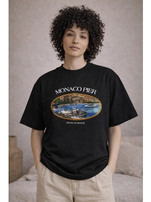 Camblys Unisex Monaco Pier Ön Baskılı Oversize Kalın Kumaş Bol Kesim Pamuklu T-Shirt