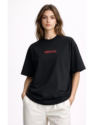 Camblys Unisex Şükür Club Yazılı Özel Tasarım Ön Baskılı Oversize Kalın Kumaş Bol Kesim Pamuklu T-Shirt