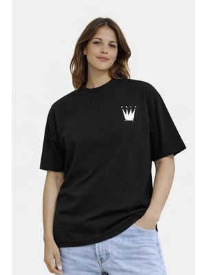 Camblys Unisex Graffiti Taç Ön Baskılı Oversize Kalın Kumaş Bol Kesim Pamuklu T-Shirt