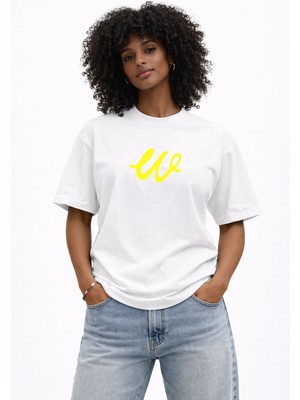 Camblys Unisex W Logo Özel El Yazılı Ön Baskılı Oversize Kalın Kumaş Bol Kesim Pamuklu T-Shirt