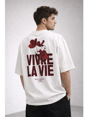 Camblys Unisex Vıvre La Vıe Çicek Baskılı Oversize Kalın Kumaş Bol Kesim Pamuklu T-Shirt