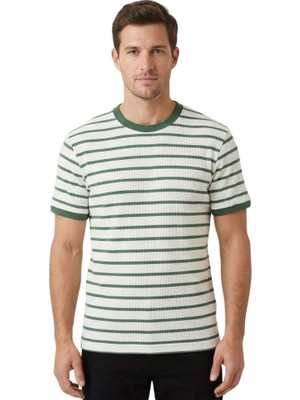 Trender O Yaka Çizgili Erkek T-Shirt 4038 Elma-Ekru Çizgili