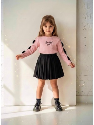 Stilera Kız Çocuk Kolları Fiyonklu Siyah Şort Etekli Pileli Alt Üst Takım 2-4 Yaş