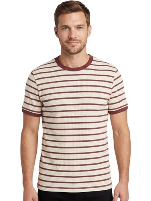 Trender O Yaka Çizgili Erkek T-Shirt 4038 Gül-Ekru Çizgili