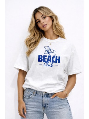 Camblys Unisex Beach Club Summer Yaz Ön Baskılı Oversize Kalın Kumaş Bol Kesim Pamuklu T-Shirt